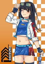 Rule 34 | 1girl, alternate costume, black gloves, black hair, black thighhighs, blue skirt, checkered background, collarbone, commentary request, crop top, cropped jacket, fingerless gloves, gloves, hayashio (kancolle), highres, jacket, kantai collection, koureikyou kou, long hair, looking at viewer, miniskirt, mole, mole under eye, navel, one-hour drawing challenge, race queen, red eyes, skirt, solo, standing, thighhighs, white jacket