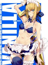 Rule 34 | 1girl, adapted costume, ahoge, apron, artoria pendragon (all), artoria pendragon (alter swimsuit rider) (fate), artoria pendragon (alter swimsuit rider) (fate) (cosplay), artoria pendragon (alter swimsuit rider) (second ascension) (fate), artoria pendragon (fate), bikini, blonde hair, blue background, blue bow, blue eyes, blue thighhighs, bow, choker, cosplay, excalibur (fate/stay night), fate/grand order, fate (series), frilled bikini, frills, maid, maid bikini, maid headdress, navel, pvc parfait, saber (fate), simple background, single thighhigh, swimsuit, thighhighs, twitter username, unconventional maid