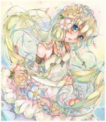 Rule 34 | 1girl, bare shoulders, blonde hair, blue eyes, bridal gauntlets, dress, elbow gloves, flower, gloves, hair flower, hair ornament, highres, ia (vocaloid), long hair, looking at viewer, nou (nounknown), petals, solo, traditional media, veil, very long hair, vocaloid, white dress
