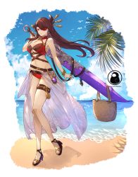 Rule 34 | 1girl, absurdres, bangle, bare shoulders, basket, beach, beidou (genshin impact), bikini, bir, blue lizz penguin, bracelet, breasts, brown hair, closed mouth, cloud, cloudy sky, commentary, day, earrings, english commentary, eyepatch, genshin impact, greatsword, hair ornament, hair over one eye, hair stick, high heels, highres, holding, holding sword, holding weapon, jewelry, large breasts, leaf, long hair, looking at viewer, navel, ocean, one eye covered, outdoors, red eyes, single earring, sky, smile, solo, strap, swimsuit, sword, symbol-only commentary, tassel, thigh strap, vision (genshin impact), water, weapon