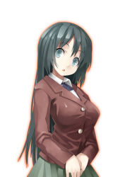 Rule 34 | 1girl, blazer, blue eyes, breasts, cowboy shot, green hair, green skirt, jacket, large breasts, looking at viewer, murata taichi, original, own hands together, pleated skirt, school uniform, simple background, skirt, solo, v arms, white background