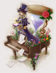 Rule 34 | 1boy, flower, frederic chopin, fuju, grand piano, hat, hourglass, instrument, male focus, piano, red rose, rose, sheet music, solo, trusty bell, yellow rose