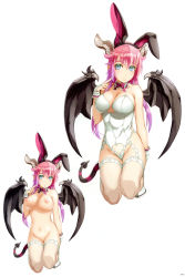 Rule 34 | 1girl, absurdres, animal ears, arm at side, asmodeus (sin nanatsu no taizai), asmodeus (the seven deadly sins), black wings, blue eyes, bow, bowtie, breasts, breasts apart, closed mouth, clothing cutout, demon girl, demon horns, demon tail, demon wings, detached collar, fake animal ears, fishnet thighhighs, fishnets, full body, garter straps, gloves, groin, hair between eyes, hand up, heart cutout, highres, horns, index finger raised, kneeling, large breasts, leotard, long hair, looking at viewer, navel, nipples, nishii (damnedrive), nitroplus, nude, official art, page number, partially fingerless gloves, pink bow, pink bowtie, pink hair, playboy bunny, pointing, pointing at self, pointy ears, rabbit ears, scan, shoes, simple background, sin nanatsu no taizai, smile, solo, stomach, tail, the seven deadly sins, thighhighs, white background, white footwear, white gloves, white thighhighs, wings