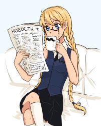 Rule 34 | 1girl, ahoge, bare shoulders, black skirt, blonde hair, blue eyes, braid, breasts, couch, crossed legs, cup, facing viewer, female focus, glasses, highres, holding, holding cup, kneehighs, long hair, monocle, necktie, newspaper, on couch, orika nekoi, russian text, simple background, sitting, skirt, slavya-chan, small breasts, socks, solo, translated, trent (hobbs end), twin braids, vest, white socks