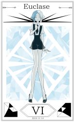 Rule 34 | 10s, 1other, 2015, androgynous, arm at side, bare arms, bare legs, black footwear, black necktie, black shorts, blue eyes, blue theme, border, character name, closed mouth, cojima, collared shirt, dated, euclase (houseki no kuni), full body, gem (symbol), grey eyes, heterochromia, houseki no kuni, long legs, looking at viewer, monochrome, multicolored hair, necktie, roman numeral, shirt, shoes, short hair, short sleeves, shorts, sidelocks, smile, solo, standing, suspender shorts, suspenders, tiptoes, two-tone hair, uniform, white shirt