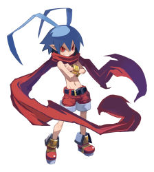 Rule 34 | 1boy, antenna hair, belt, blue hair, bracelet, crossed arms, disgaea, full body, grin, harada takehito, jewelry, laharl, makai senki disgaea, male focus, official art, red eyes, red scarf, red shorts, scarf, topless male, shoes, shorts, smile, solo