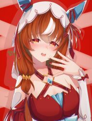 Rule 34 | 1girl, animal ears, blush, breasts, brown hair, chest jewel, collarbone, commentary request, detached sleeves, fingernails, hair between eyes, hair ornament, highres, horse ears, horse girl, looking at viewer, nanatu-makura, open mouth, red eyes, simple background, small breasts, solo, still in love (umamusume), umamusume, veil