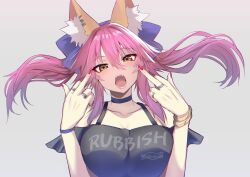 Rule 34 | 1girl, alternate costume, animal ear fluff, animal ears, artist name, black choker, black shirt, blue ribbon, breasts, choker, collarbone, double middle finger, eyeliner, fangs, fate/extra, fate (series), fingernails, fox ears, fox girl, frilled ribbon, frills, gold bracelet, grey background, hair between eyes, hair ribbon, highres, jewelry, large breasts, looking at viewer, middle finger, nail polish, one-hour drawing challenge, open mouth, pink hair, red eyeliner, red nails, ribbon, ring, shirt, signature, simple background, sleeveless, sleeveless shirt, solo, tamamo (fate), tamamo no mae (fate/extra), teeth, twintails, twitter username, upper body, wisespeak, wristband, yellow eyes