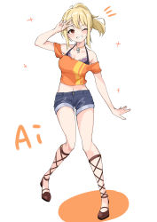 Rule 34 | 1girl, ;), absurdres, alternate costume, anbasa (amaneyuz13), arm at side, artist name, artist request, bare legs, bare shoulders, birthday, blonde hair, blue pants, blue shorts, blush, breasts, brown eyes, brown footwear, character name, collarbone, crop top, d&#039;orsay heels, denim, denim shorts, eyelashes, female focus, full body, gladiator heels, grin, hair between eyes, halterneck, halterneck, happy birthday, high heels, high ponytail, highres, jewelry, legs, long hair, looking at viewer, love live!, love live! nijigasaki high school idol club, love live! school idol festival, love live! school idol festival all stars, miyashita ai, navel, necklace, off-shoulder shirt, off shoulder, one eye closed, orange eyes, orange shirt, pants, parted lips, ponytail, ribbon-trimmed legwear, ribbon trim, shirt, short shorts, shorts, simple background, sleeveless, sleeveless shirt, small breasts, smile, solo, sparkle, standing, standing on one leg, star (symbol), star necklace, teeth, v, v-shaped eyebrows, v over eye, white background, wink, yellow eyes