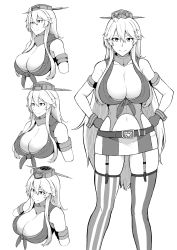 Rule 34 | 1girl, ahoge, asymmetrical legwear, belt, breasts, cleavage, closed mouth, collarbone, cropped torso, elbow gloves, garter straps, gloves, greyscale, hands on own hips, hat, highres, iowa (kancolle), kantai collection, large breasts, long hair, looking at viewer, midriff, mismatched legwear, monochrome, multiple views, navel, sidelocks, smile, standing, striped clothes, striped legwear, striped thighhighs, takaman (gaffe), thighhighs, upper body, vertical-striped clothes, vertical-striped thighhighs, very long hair