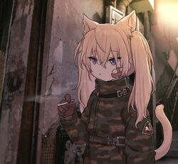 Rule 34 | 1girl, animal ears, backlighting, bandaid, bandaid on face, belt, blonde hair, blue eyes, brown gloves, camouflage, camouflage coat, cat ears, cat girl, cat tail, cigarette, coat, extra ears, gloves, green coat, hair between eyes, high collar, highres, holding, holding cigarette, long hair, long sleeves, multicolored eyes, original, outdoors, parted lips, photo background, red eyes, sidelocks, smoke, solo, standing, tail, twintails, two-tone eyes, yoopooh