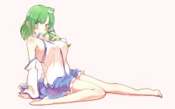 Rule 34 | 1girl, arm support, bare shoulders, blue skirt, blush, breasts, clothes lift, commentary, detached sleeves, frog hair ornament, full body, green eyes, green hair, hair ornament, highres, kochiya sanae, large breasts, looking at viewer, medium hair, non (z-art), nontraditional miko, parted bangs, shirt, sideboob, simple background, sitting, skirt, skirt lift, sleeveless, snake hair ornament, solo, touhou, white shirt