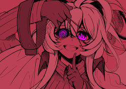 Rule 34 | 1girl, absurdres, ahoge, alchemy stars, black sclera, colored sclera, eicy (alchemy stars), eyepatch, eyepatch lift, finger to mouth, gloves, highres, long hair, looking at viewer, lyrin (haireirei), mismatched pupils, mismatched sclera, purple eyes, red theme, ringed eyes, shushing, smile, solo