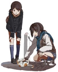 Rule 34 | 2girls, :d, backpack, bag, black coat, black footwear, blue legwear, blue scarf, blush, brown eyes, brown hair, calico, cat, coat, commentary request, cross-laced footwear, dot nose, fringe trim, fubuki (kancolle), full body, green eyes, hand on own knee, hands on own knees, jacket, kantai collection, kneehighs, leaning forward, letterman jacket, loafers, long sleeves, multiple girls, ningen (ningen96), open mouth, petting, plaid, plaid scarf, raised eyebrows, scarf, shirayuki (kancolle), shoes, short hair, simple background, smile, sneakers, socks, squatting, standing, white background