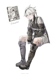Rule 34 | 2boys, artist name, black gloves, blue eyes, book, boots, commentary request, floating, floating book, floating object, gloves, grimoire weiss, hair between eyes, highres, invisible chair, knee boots, looking at viewer, multiple boys, nier, nier (series), nier (brother), short hair, shorts, simple background, sitting, smile, teeth, tricoliet, twitter username, white background, white hair, white shorts