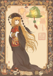 Rule 34 | 1girl, anger vein, angry, black hat, breasts, brown hair, chinese clothes, chinese text, clover, dahuang, food, four-leaf clover, frog, fruit, full body, hanging, hat, highres, junko (touhou), lantern, lily pad, long hair, looking away, looking to the side, looking up, medium breasts, outside border, paper lantern, parted lips, peach, picture frame, pom pom (clothes), red eyes, seal, solo, standing, tabard, touhou, translation request, very long hair