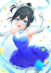 Rule 34 | 1girl, :d, arm up, armpits, black hair, blue eyes, blush, bow, confetti, dress, elbow gloves, gloves, gymnastics, gymnastics ribbon, hair bow, highres, holding, jewelry, looking to the side, medium hair, midori miyako, necklace, open mouth, original, outstretched arm, pantyhose, ponytail, rhythmic gymnastics, ribbon, sleeveless, sleeveless dress, smile, solo, standing, standing on one leg