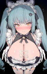 Rule 34 | 1girl, animal ears, bell, black background, black ribbon, blue hair, blush, breasts, cleavage, closed mouth, frills, garter straps, gloves, goddess of victory: nikke, hair ornament, hair ribbon, haoni, highres, large breasts, long hair, looking at viewer, maid headdress, paw hair ornament, privaty (nikke), privaty (unkind maid) (nikke), ribbon, simple background, solo, thighhighs, thighs, twintails, veins, white garter straps, white gloves, white thighhighs, yellow eyes