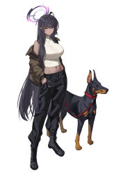 Rule 34 | 1girl, absurdres, ahoge, alfie (tmdals7645), alternate costume, animal collar, ankle boots, black hair, black pants, blue archive, blush, boots, breasts, brown jacket, collar, commentary, cropped sweater, dark-skinned female, dark skin, doberman, dog, full body, halo, hands in pockets, highres, jacket, jacket partially removed, karin (blue archive), large breasts, looking at viewer, midriff, navel, pants, simple background, sleeveless, sleeveless sweater, solo, spiked collar, spikes, straight hair, sweater, turtleneck, turtleneck sweater, white background