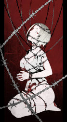 Rule 34 | 1girl, absurdres, arizuka (catacombe), ass, barbed wire, breasts, cleavage, female focus, full body, gradient background, highres, looking at viewer, original, red eyes, seiza, short hair, sitting, solo, teeth, torn clothes