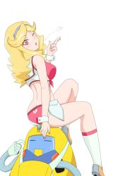 Rule 34 | 10s, 1girl, ass, ass cutout, back, blonde hair, blowing kiss, boobies uniform, breasts, butt crack, clothing cutout, front-tie top, gobanme no mayoi neko, hairband, heart, heart cutout, highres, holster, honey (space dandy), kiss, large breasts, legs, long hair, looking at viewer, looking back, midriff, nail polish, on head, one eye closed, qt (space dandy), robot, short shorts, shorts, simple background, sitting, sitting on person, skindentation, smile, socks, space dandy, sweatdrop, white background, wink, wrist cuffs