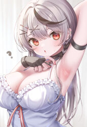 Rule 34 | 1girl, ?, absurdres, arm behind head, arm up, armpits, bow, braid, breasts, camisole, cleavage, fingerless gloves, frilled camisole, frills, gloves, grey hair, heart collar, highres, hololive, holox, large breasts, long hair, monuke (monu), multicolored hair, plaid, plaid bow, sakamata chloe, sakamata chloe (1st costume), solo, strap pull, streaked hair, sweat, upper body, virtual youtuber, white camisole