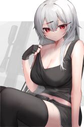 Rule 34 | 1girl, bangs, black shirt, black shorts, black tank top, black thighhighs, breasts, character request, cleavage, closed mouth, clothes pull, collarbone, copyright request, daifukumochi (akaaokiiwo), dolphin shorts, grey hair, gun, hair between eyes, hair ornament, hair over breasts, hairclip, highres, large breasts, light blush, long hair, looking at viewer, midriff, navel, red eyes, rifle, shiny, shiny skin, shirt, shirt pull, shorts, simple background, sniper rifle, solo, sweat, tank top, thighhighs, very long hair, weapon, white background