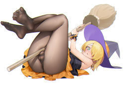 Rule 34 | 1boy, ass, black pantyhose, blonde hair, blush, bulge, cosplay, crossdressing, dr. stone, feet, ginro (dr. stone), green eyes, hair over one eye, halloween, halloween costume, hat, kaidou j1, looking at viewer, pantyhose, purple hat, simple background, skirt, soles, testicles, thighs, toes, trap, white background, witch, witch hat