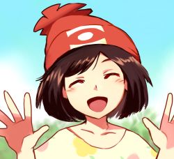 Rule 34 | 1girl, arms up, beanie, blurry, blush, brown hair, closed eyes, cloud, collarbone, creatures (company), day, depth of field, game freak, happy, hat, nintendo, open mouth, pokemon, pokemon sm, portrait, red hat, ribero, selene (pokemon), short hair, sketch, sky, smile, solo, tree
