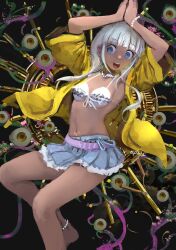 Rule 34 | 1girl, abstract background, arms up, bare legs, barefoot, bead anklet, bead bracelet, bead necklace, beads, belt, bikini, black background, blue eyes, blue ribbon, blue skirt, bracelet, breasts, cleavage, commentary, danganronpa (series), danganronpa v3: killing harmony, dark-skinned female, dark skin, english commentary, eyelashes, foot out of frame, frilled bikini, frilled skirt, frills, hair over one eye, highres, jewelry, knees, long hair, long sleeves, looking at viewer, low twintails, miniskirt, navel, necklace, open mouth, own hands together, pleated skirt, praying, purple belt, qosic, ribbon, shell, shell necklace, simple background, skirt, sleeves rolled up, small breasts, smile, solo, spaghetti strap, swimsuit, teeth, thighhighs, twintails, twitter username, upper teeth only, waist ribbon, white bikini, white bracelet, white hair, white ribbon, wide sleeves, yellow raincoat, yellow sleeves, yonaga angie