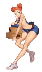 Rule 34 | 1girl, absurdres, armpits, blue eyes, blue overalls, box, breasts, closed mouth, double bun, from side, full body, hair bun, highres, huge breasts, large breasts, looking away, naked overalls, no bra, orange hair, original, overalls, shoes, short hair, sideboob, sneakers, solo, ttt (titatuem), white legwear