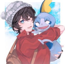 Rule 34 | 1boy, ^ ^, axia krone, backpack, bad id, bad twitter id, bag, beanie, border, closed eyes, cloud, collared shirt, cosplay, creatures (company), eyebrows hidden by hair, game freak, gen 8 pokemon, grey headwear, hair behind ear, hat, highres, holding, holding pokemon, mei (adomanju), nijisanji, nintendo, open mouth, outside border, pokemon, pokemon (creature), pokemon swsh, pom pom (clothes), red shirt, shirt, sky, sobble, solo focus, v-shaped eyebrows, victor (pokemon), victor (pokemon) (cosplay), virtual youtuber, white background, white border