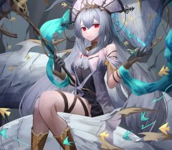 Rule 34 | 1girl, absurdres, arknights, arm up, bare shoulders, black dress, black gloves, boots, breasts, closed mouth, detached collar, dress, feet out of frame, front ponytail, gloves, grey hair, hair ornament, hairclip, highres, holding, holding staff, layered dress, leg wrap, long hair, looking at viewer, mea (hwaksal), official alternate costume, red eyes, sidelocks, sitting, skadi (arknights), skadi the corrupting heart (arknights), skadi the corrupting heart (sublimation) (arknights), small breasts, solo, staff, thigh strap, two-tone dress, very long hair, white dress, white headwear, yellow footwear