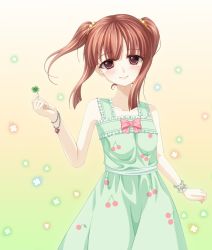 Rule 34 | 10s, 1girl, bad id, bad pixiv id, bare shoulders, bow, bowtie, bracelet, brown eyes, brown hair, clenched hand, closed mouth, clover, collarbone, commentary request, dress, eyebrows, four-leaf clover, green dress, idolmaster, idolmaster cinderella girls, jewelry, long hair, looking at viewer, matching hair/eyes, off shoulder, ogata chieri, pink bow, pink bowtie, scrunchie, smile, solo, taiju, twintails, two side up, wrist cuffs