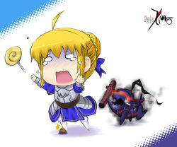 Rule 34 | 1girl, armor, armored dress, artoria pendragon (fate), berserker (fate/zero), blonde hair, braid, butter-t, candy, chibi, crying, crying with eyes open, dog, fate/zero, fate (series), food, french braid, lollipop, o o, saber (fate), tears, tripping