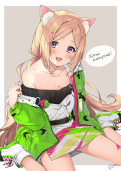 Rule 34 | 1girl, :d, aki rosenthal, aki rosenthal (gaming casual), animal ear fluff, animal ears, blonde hair, blush, cat ears, commentary request, english text, eyes visible through hair, green jacket, highres, hololive, izumi kei, jacket, long hair, long sleeves, looking at viewer, off shoulder, open clothes, open jacket, open mouth, parted bangs, purple eyes, shoes, signature, single bare shoulder, sitting, smile, solo, speech bubble, very long hair, virtual youtuber, wariza, white footwear