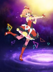 Rule 34 | 10s, 1girl, :d, blonde hair, boots, bow, brown hair, freyja wion, from side, green eyes, hair bow, hair ornament, heart, heart hair ornament, high heel boots, high heels, holding, holding microphone, leg up, looking at viewer, macross, macross delta, microphone, multicolored clothes, multicolored hair, multicolored skirt, one eye closed, open mouth, outstretched arm, pink thighhighs, red bow, red footwear, skirt, smile, solo, thighhighs, two-tone hair