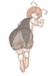Rule 34 | 1girl, all fours, antennae, ass, barefoot, blush, cape, feet, full body, kuro suto sukii, looking at viewer, looking back, puffy sleeves, shirt, short sleeves, shorts, simple background, sketch, solo, toes, touhou, white background, wriggle nightbug