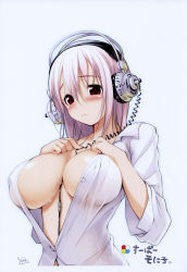Rule 34 | 1girl, absurdres, between breasts, blush, breast suppress, breasts, cleavage, covered erect nipples, headphones, highres, large breasts, nitroplus, no bra, open clothes, open shirt, pink hair, red eyes, shirt, signature, sleeves pushed up, solo, super sonico, sweat, tsuji santa, upper body
