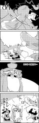 Rule 34 | 4koma, = =, apron, arms up, bow, bowl, chopsticks, comic, commentary request, crescent, crossed bandaids, from behind, futatsuiwa mamizou, glasses, greyscale, hair between eyes, hair bow, hat, hat bow, hat ribbon, highres, holding, holding chopsticks, kirisame marisa, kneeling, leaf, leaf on head, long hair, mob cap, monochrome, on head, patchouli knowledge, pet shaming, pince-nez, raccoon tail, ribbon, shaded face, sitting, smile, sparkle, tail, tani takeshi, throwing, touhou, translation request, very long hair, witch hat, yukkuri shiteitte ne