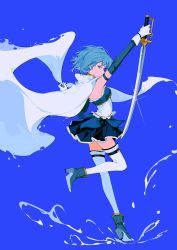 Rule 34 | 1girl, blue eyes, blue hair, boots, cape, detached sleeves, dress, gloves, magical girl, mahou shoujo madoka magica, mahou shoujo madoka magica (anime), miki sayaka, short hair, simple background, solo, sword, thighhighs, ttk211, weapon, white gloves, white thighhighs