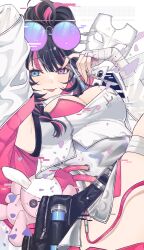 Rule 34 | 1girl, :p, armpits, bandaged hand, bandaged leg, bandages, blue eyes, braid, breasts, cleavage, cleavage cutout, clothing cutout, commentary request, dress, eyewear on head, girls&#039; frontline, girls&#039; frontline neural cloud, heterochromia, highres, large breasts, long hair, looking at viewer, mask, unworn mask, multicolored hair, purple eyes, rabb horn, scalpel, smile, solo, stuffed animal, stuffed rabbit, stuffed toy, sunglasses, syringe, tongue, tongue out, vee (neural cloud), white dress, white mask
