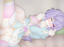 Rule 34 | 1boy, 1girl, amo chenbe, bad id, bad pixiv id, bare shoulders, blush, bottomless, clothed female nude male, clothed sex, cum, cum in pussy, detached sleeves, expressionless, from behind, groin, hetero, indoors, kami jigen game neptune v, light purple hair, long hair, low-tied long hair, lying, multicolored clothes, multicolored legwear, neptune (series), no panties, nude, on bed, on side, one eye closed, penis, purple eyes, pururut, pussy, pussy juice, sex, solo focus, spread legs, thighhighs, thighs, uncensored, vaginal