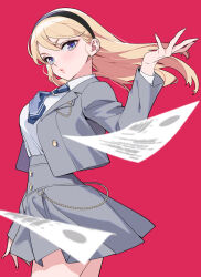 Rule 34 | 1girl, absurdres, arm at side, black hairband, blazer, blonde hair, blue eyes, blue necktie, breasts, chain, collared shirt, cowboy shot, eyelashes, fingernails, floating hair, flying paper, from side, girl crush, grey jacket, grey skirt, hair flip, hairband, hand up, highres, jacket, lipstick, long fingernails, long hair, long sleeves, looking at viewer, looking to the side, makeup, medium breasts, miniskirt, momose tenka, motion blur, necktie, open clothes, open jacket, paper, pink background, pleated skirt, puckered lips, red background, school uniform, shirt, simple background, skirt, solo, straight hair, tayama midori, white shirt, wind