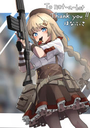 Rule 34 | 1girl, assault rifle, blonde hair, blue eyes, braid, candy, chocolate, chocolate bar, dress, dutch angle, fn fnc, fnc (girls&#039; frontline), food, food in mouth, girls&#039; frontline, gun, hair ornament, hanabusaraleigh, hat, holding, holding gun, holding weapon, long hair, pantyhose, rifle, simple background, solo, trigger discipline, very long hair, weapon
