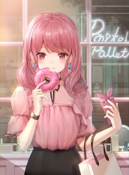 Rule 34 | 1girl, absurdres, bag, bang dream!, black ribbon, black skirt, blush, cellphone, closed mouth, commentary request, cowboy shot, doughnut, earrings, eating, food, handbag, highres, holding, holding food, holding phone, jewelry, long hair, looking at viewer, maruyama aya, mirror, mixed-language commentary, neck ribbon, neon lights, nogi momoko, phone, pink hair, pink shirt, red eyes, ribbon, see-through, shirt, short sleeves, skirt, smartphone, solo, swept bangs, watch, window, wristwatch
