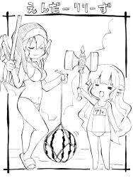Rule 34 | 2girls, beach, bikini, breasts, closed eyes, commentary request, ender lilies quietus of the knights, food, fruit, full body, greyscale, guardian siegrid, holding, holding stick, holding weapon, lily (ender lilies), long hair, medium breasts, monochrome, multiple girls, open mouth, sandals, skeletal wings, sketch, smile, stick, swimsuit, war hammer, watermelon, weapon, wings, zubatto (makoto)