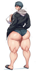 Rule 34 | 1girl, absurdres, ass, blush, breasts, curvy, denim, denim shorts, flip-flops, from behind, hands in pockets, highres, hood, huge ass, huge breasts, jacket, looking back, natedecock, natsumi (natedecock), open mouth, original, sandals, short hair, short shorts, shorts, solo, sweat, thick thighs, thighs, white background, wide hips