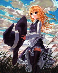 Rule 34 | 1girl, apron, black thighhighs, blonde hair, bow, braid, buttons, cloud, day, dress, female focus, grass, hair bow, hair ornament, hat, kabaji, kirisame marisa, long hair, nature, outdoors, plant, sky, solo, thighhighs, touhou, traditional media, walking, witch, witch hat, zettai ryouiki