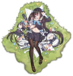 Rule 34 | 1girl, bandaged arm, bandages, black bow, black footwear, black skirt, blue bow, bow, brown hair, criin (659503), daisy, doll, flower, game cg, glasses, grass, hair between eyes, hair ornament, highres, holding, holding doll, looking at viewer, lying, mahjong soul, midriff, morikawa ayako, navel, official art, on back, open mouth, outdoors, pantyhose, pantyhose under shorts, pillow, pink flower, pink rose, purple eyes, rose, school uniform, see-through, see-through legwear, serafuku, shorts, simple background, skirt, solo, transparent background, twintails, white flower, yellow flower, yostar